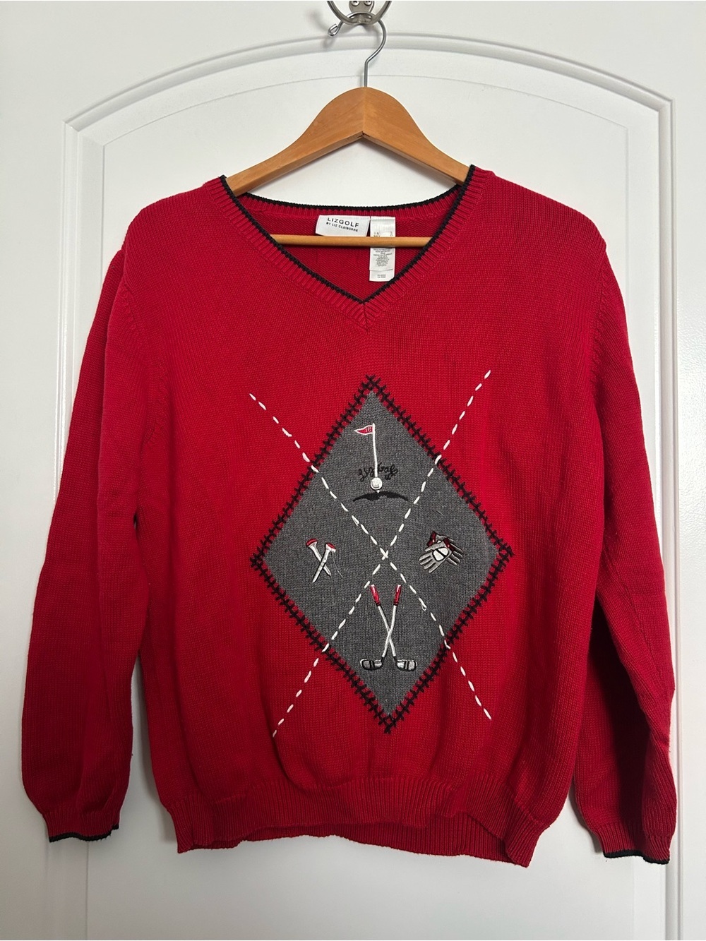 Vintage Liz Golf Knit Golf Sweater Embroidered Clubs size L preppy 90s academia